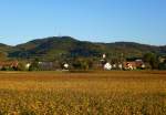 Kaiserstuhl, Herbst und Abendlicht beim Blick zum Totenkopf (557m), davor der Weinort Oberrotweil, Okt.2013