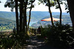 Blick durch die Bäume bei der Terrasse des Restaurants Gedeonseck auf den Rhein und Boppard - 23.08.2016