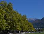 Schöne Baumalle mit Grünanlage zum Spazieren am See von Annecy. 09.2022