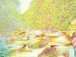  Bodesonnenschein , Gemälde: Öl auf Baumwolle, 2011, 90 x 120 cm; am Ufer der Bode in der canyonartigen Schlucht bei Thale im Ostharz, im Hintergrund ragt die Felswand des Hexentanzplatzes