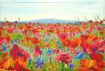  Brockenmohn , Gemälde: Öl auf Baumwolle + Holz (-Rahmen), 2014, 86 x 126 cm;   Feld im Harzvorland mit Mohn- und Ritterspornblumen und dem Brocken im Hintergrund...