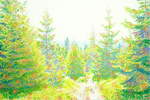  Frühsommerurwald , Gemälde: Öl, Buntstifte auf Baumwolle, 2009, 80 x 120 cm; Blick unterwegs bei Schierke auf dem Wanderweg zwischen Feuersteinklippen und Ahrensklint zum Brocken