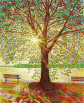  Sonne im Baum , Gemälde: Öl auf verstärkter Leinwand, 2001, 120 x 100 cm; sonnige Uferszenerie am Tegeler See in Berlin.
Verkauft...