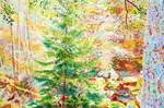  Eckertalsonnenschein , Gemälde: Öl, Buntstifte, Pastell auf Baumwolle, 2014, 80 x 120 cm; Sonne flutet in das enge Tal der Ecker am ehemaligen Grenzstreifen...
