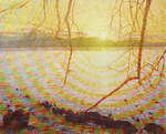  Nicht untergehende Sonne , Gemälde: Öl auf überklebter Leinwand, 2001, 130 x 160 cm; Mittsommersonne an einem See in Nordschweden...