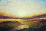  Abendsonnenstrahlen , Gemälde: Öl, Goldpastell auf überklebter Leinwand, 2003/2017, 80 x 120 cm; Blick vom Säntis in der Schweiz zur untergehenden Sonne, die von einer