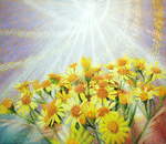  Sonnenwinde , Gemälde: Öl, Ölpastell, Goldfarbe, Gräser auf überklebter Leinwand, 2025, 190 x 220 cm.
Eine Staude Jakobsgreiskraut im gleißenden Sonnenlicht - Blümchen,  mit etwa bis zu höchstens 3 cm Durchmesser, die im Oberharz an Wald- und Wegrändern auf den Bergen oft an zu treffen sind. Ein Bild zur Meditation: Himmel und spiralenförmige Ausbreitung des Lichts als Gleichnis der Schöpfung im Hier und Jetzt...