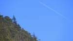Hgel mit Fhrenbaumen, blauer Himmel und im Hintergrund ein Flugzeug.