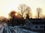 Sonnenaufgang hinter den Platanen(Platanus) bei der Osteinfahrt des Bhf. Ried i.I.; 130305