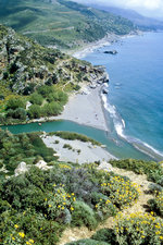 Der Strand von Preveli ist ein von Palmen gesäumter Sandstrand an der Südküste von Kreta. Bild vom Dia. Aufnahme: April 1999.