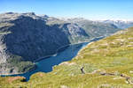 Blick auf Ringedalsvatnet zwischen Skjeggedal und Trolltunga in Norwegen. Aufnahme: 8. Juli 2018.