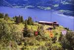 Blick vom Hangurstoppen bei Voss in Norwegen. Unten sieht man ein Teil vom See Vangsvatnet. Aufnahme: Juli 1985 (digitalisiertes Negativfoto).