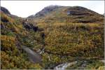 Das Flamsdalen aus dem Zugfenster der Flamsbahn. Die Zugfahrt beginnt in 867 m Hhe und endet 2 m ber dem Meeresspiegel. Das macht sich auch in der unterschiedlichen Frbung des Herbstlaubes bemerkbar. 27.09.2012