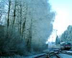 Rauhreifgeschmckte Bume weisen einem Triebwagen der BR5047 den Weg aus dem Bhf.