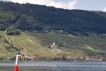 Auf dem Schiff zwischen Ligerz und St. Petersinsel. Blick zurck nach Ligerz mit den Rebbergen und der Kirche. Das Vinifuni berquert gleich die Brcke ber den Pilgerweg. Aufnahme vom 09. Juni 2012, 15:24