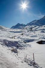 
Am 04.11.2019 aus RhB Regionalzug (von Tirano nach St. Moritz) zwischen Ospizio Bernina und Bernina Lagalb heraus fotografiert, ein letzter Blick hinauf. 