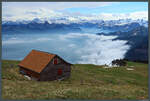 Im Tal stauen sich die Wolken, während man auf Rigi Kulm in fast 1800 m Höhe freie Sicht auf die Alpen hat.