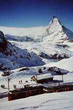 Blick vom Riffelberg ber den Theodulgletscher auf das Matterhorn (Februar 1980).