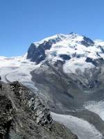 Blick vom Gornergrat auf den Gornergletscher, Nordend (4.609 m), Dufourspitze (4.643 m) und Parrotspitze (4.432 m).