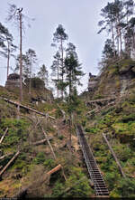 Stufenreicher Aufstieg zu den Felsen in der Böhmischen Schweiz bei Kyjov (CZ).