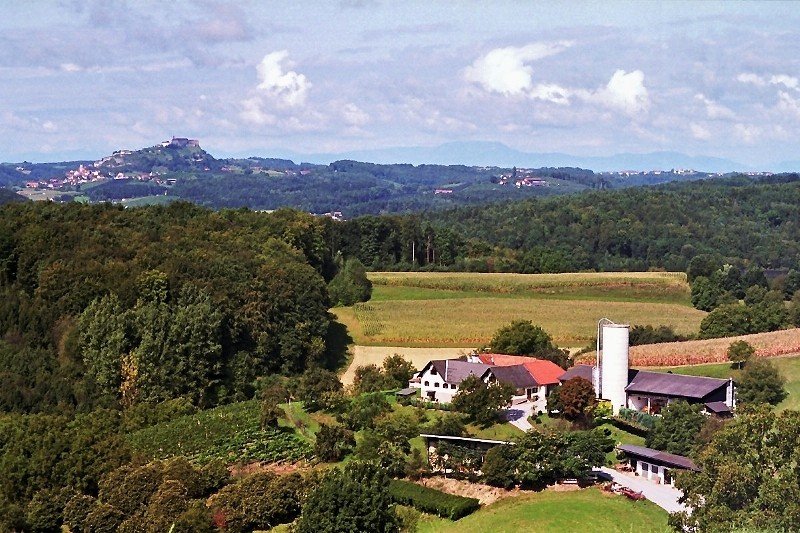 Umgebung von Hatzendorf, im Hintergrund die Riegersburg (September 2008) - Negativ-Scan -