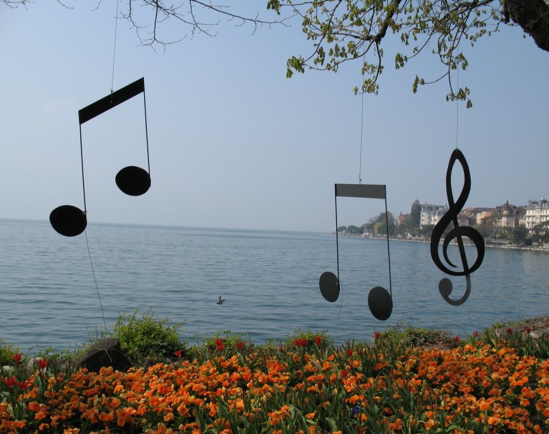 Verschiedene Musikjubilen im letzten Jahr - 200 Jahre Mozart, 
40 Jahre Jazz-Festival - nahm die Stadtgrtnerei Montreux zum Anlass den Uferweg mit verschiedenen Musikinstrumenten zu dekorieren. Auch Noten durften natrlich nicht fehlen.
