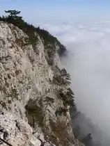 Blick von der gro�en Knzel auf der Hohen Wand hinunter ins Tal, welches aber durch Nebel nicht zu sehen ist