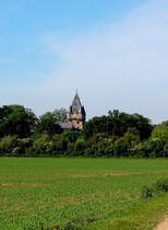 Wenn man von Grevenbroich Langwaden aus den Feldweg nach H�lchrath benutzt und gerade aus dem Busch heraus kommt, hat man diesen Ausblick auf Schlo� H�lchrath. Hinter B�schen und B�umen ragt der Turm hervor, in dunkler deutscher Geschichte sollen hier Wehrw�lfe ausgebildet worden sein. Foto vom 5.6.2010