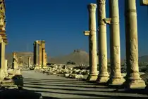 Nochmals ein Blick aus der antiken Ruinenstadt der Oase Palmyra, in der syrischen W�ste, auf die arabische Zitadelle, jedoch sp�ter am Tag, im Mai 1986