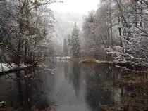 Blick auf einen Teich im Matzen Park bei heftigem Schneefall am 17.12.2011.