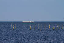 Beim Blick �ber das Stettiner Haff, vom Ueckerm�nder Strand aus, kann man T�rme und Masten des Swinem�nder Hafens erkennen, an der das Flusskreuzfahrtschiff Johannes Brahms vorbei gefahren ist. - 11.09.2012
