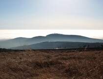 Inversionswetterlage in Norddeutschland; nur die hchsten Harzer Berge ragen aus einem gewaltigen Hochnebelmeer: Blick am frhen Nachmittag des 16.11.2012 vom Brockenrundweg Richtung Sden ber Knigsberg und Wurmberg...