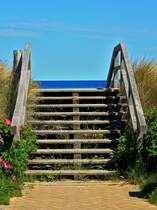 Auf dem Weg von der Steinwarder Promenade ber den Deich zum Strand mu man in Heiligenhafen ber diese Holztreppen steigen. Die befestigten Wege sind wichtig fr den Deichschutz, man wrde sonst die empfindliche Vegetation zerstren die den Deich vor der Erosion schtzt. 06.06.2013