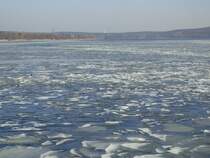Blick über die noch mit Eisstücken verdeckte Havel in Berlin. Links Kladow, rechts der Grunewald (4.2.14)