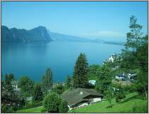 Auffahrt zur Rigi Kulm am 20.07.2007 von Vitznau aus. Der Blick geht durch die Scheiben des Triebwagen hin zum Vierwaldst�tter See. Die Farben sind etwas seltsam; ich vermute, dass die Scheiben des Triebwagens das einfallende Licht gefiltert haben. Ich habe mal nichts daran ge�ndert.