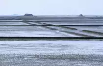 Das Wattenmeer bei Ebbe vom Deich bei Lüttmoorsiel aus gesehen. Aufnahme: Mai 2008.