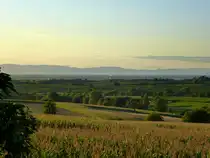 Blick vom Markgr�flerland bei Britzingen �ber die Rheinebene im Abendlicht, am Horizont die Vogesen, Aug.2015