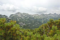 Die Julischen Alpen am Bohinjsee in Slowenien vom Vogel aus gesehen. Aufnahme: 2. August 2016.