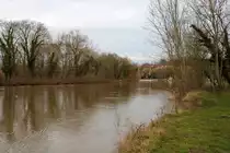 Derzeit führt die Saale Hochwasser, sodass die Warnstufe 2 bereits überschritten wurde. Blick auf die Saale an der Ziegelwiese in nördlicher Richtung. Auch wenn der Schein trügt, sind andere Bereiche stärker überschwemmt. [6.1.2018 | 11:42 Uhr]