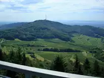 Kaiserstuhl, Blick vom Aussichtsturm auf der 521m hohen Eichelspitze zum Totenkopf, dem h�chsten Kaiserstuhlberg (557m) mit dem 151m hohen Sendeturm, Juli 2008