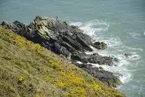 Felsen vor Howth Hea. Auf der Rundtour auf den Hill of Howth erwarten Sie großartige Kontraste – vom stürmisch tosenden Meer bis hin zu friedlichen Wiesen im Landesinneren. 
Aufnahme: 12. Mai 2018.