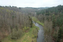Blick aus dem Zugfenser auf ein Tal im Osterzgebirge.