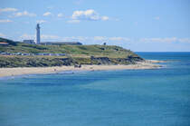 Der Strand vor Hirtshals im dänischen Vendsyssel von der Hirtshals-Kristianssand-Fähre aus gesehen. Aufnahme: 1. Juli 2018.
