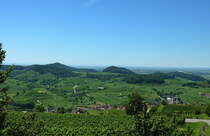 Kaiserstuhl, Blick von der Mondhalde in Richtung Süden, im Vordergrund der Weinort Oberrotweil, Juni 2011