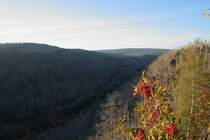 Blick von den Hahnenkleeklippen im Oberharz über das tief eingeschnittene Odertal hinüber zum Rehberg (links) und zum lang gestreckten Bergrücken des  Auf dem Acker  in der Bildmitte am Horizont; Aufnahme vom Abend des 7. Oktober 2022...