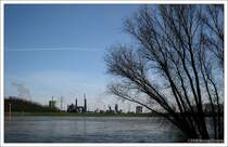 Blick ber den Rhein bei Binsheim auf die Industrie von Duisburg-Bruckhausen.